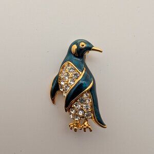 Vintage Coro Blue/Teal Enamel & Rhinestone Penguin Brooch - High Quality